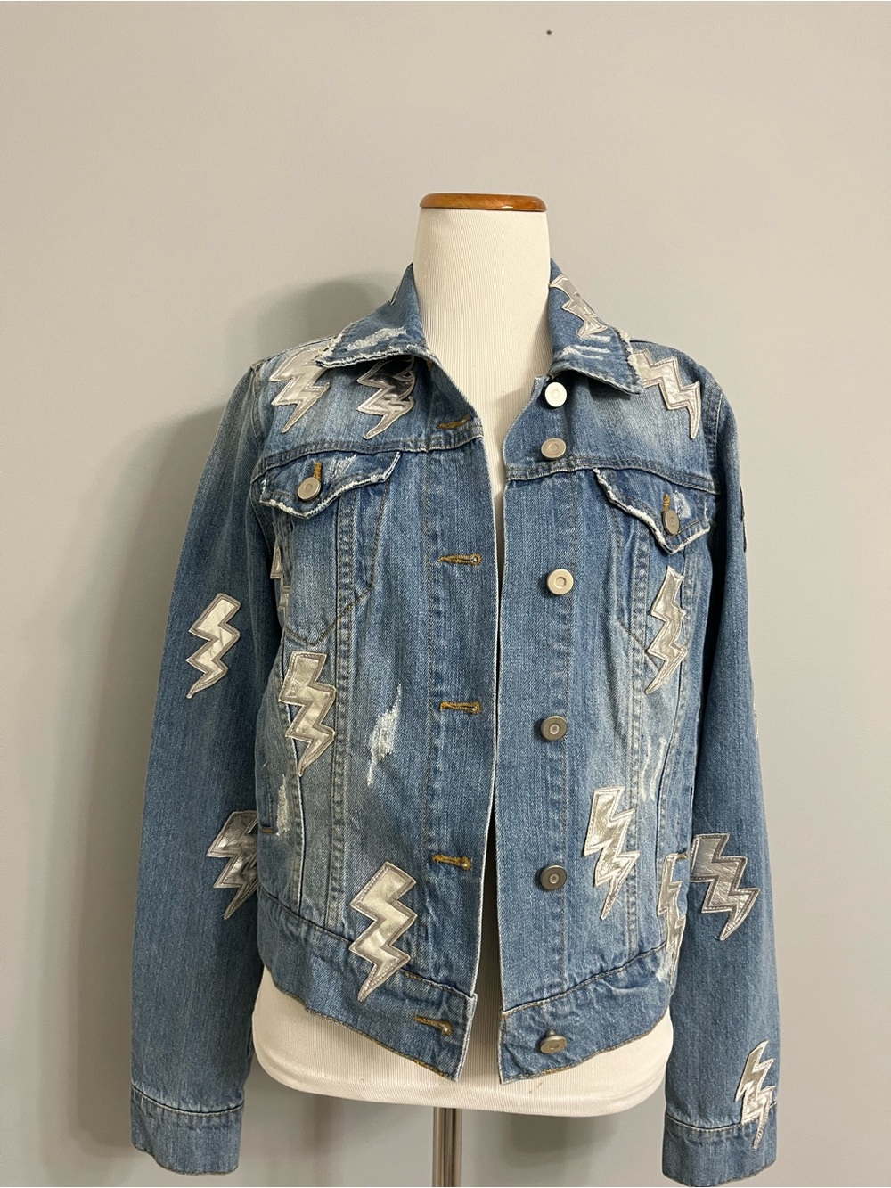 Bagatelle Light Blue Denim Jacket with Silver Lightning Patches Size XS